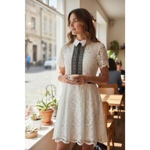 Nanette Lepore Lace Dress Sz 12 White Collar Black Trim Lined Party Wedding $170